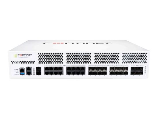 Bilde av FortiGate-2600F-DC 4 x 100GE/40GE QSFP28 slots, 16 x 25GE/10GE SFP28 slots, 8x 10GE SFP+ slots, 16 x 10GE RJ45 ports, 2x 10G SFP+ HA slots, 2x 1G MGMT ports, SPU NP7 and CP9 hardware accelerated, and dual DC power supplies