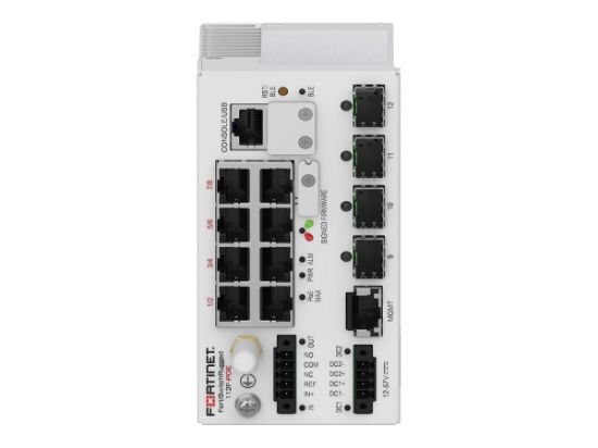 Bilde av FortiSwitchRugged-112F-POE Layer 2 ruggedized FortiGate switch controller compatible PoE switch with 8 x 1GE/100M/10M RJ45 PoE 802.3bt type 4 (90W) with maximum 240W limit, and 4 x 1G/100M SFP. IP40 rating.