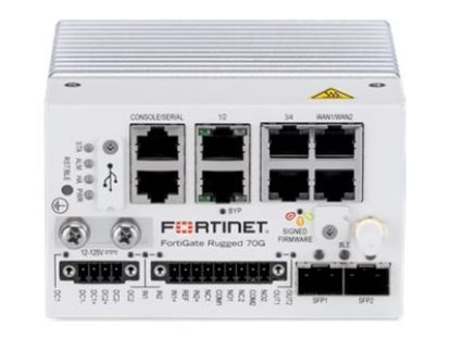 Bilde av FortiGateRugged-70G Ruggedized, indoor, IP40, 4x GE RJ45 LAN ports, 1x GE RJ45 bypass port pair (between PORT3 and PORT4), 2x GE RJ45 WAN ports, 2x SFP slots, 1x RJ45 serial port (data), 1x RJ45 seria