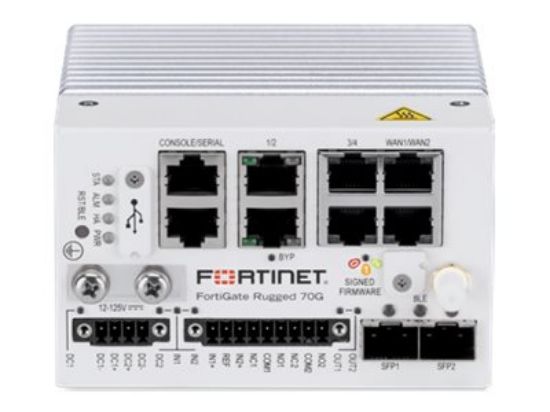 Bilde av FortiGateRugged-70G Ruggedized, indoor, IP40, 4x GE RJ45 LAN ports, 1x GE RJ45 bypass port pair (between PORT3 and PORT4), 2x GE RJ45 WAN ports, 2x SFP slots, 1x RJ45 serial port (data), 1x RJ45 seria